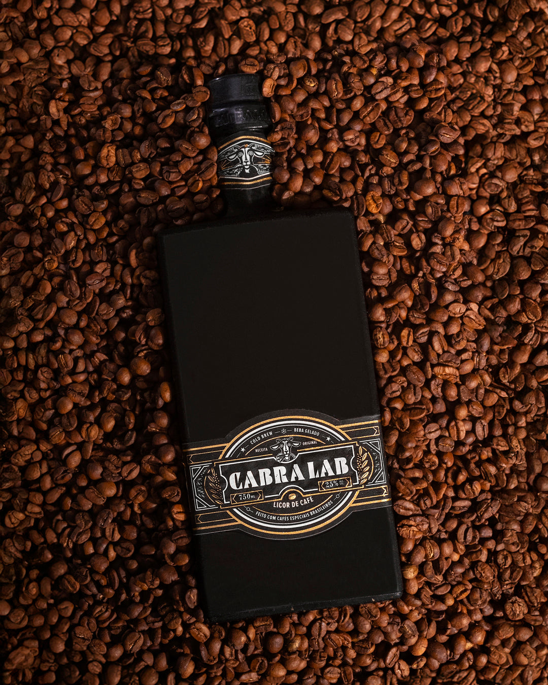 Cabra Lab deitado sobre grãos de café — arábica e canéfora